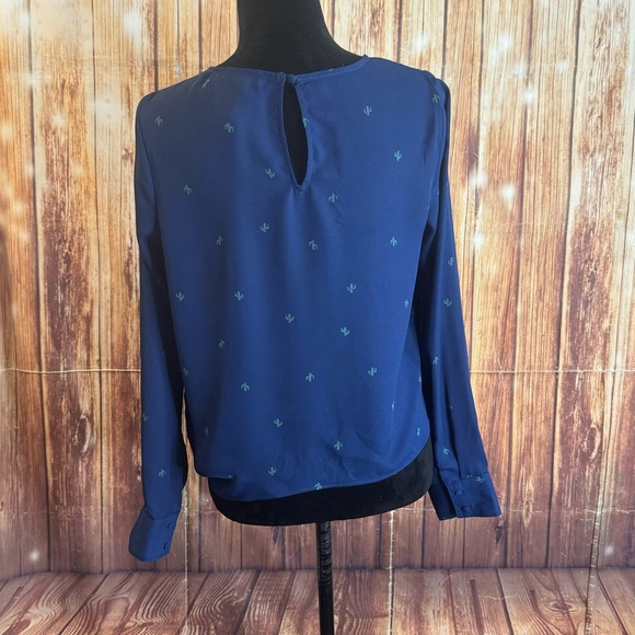 Socialite Women Long Sleeve Cactus Printed Navy Chiffon Knot Front Blouse Small - Picture 3 of 12